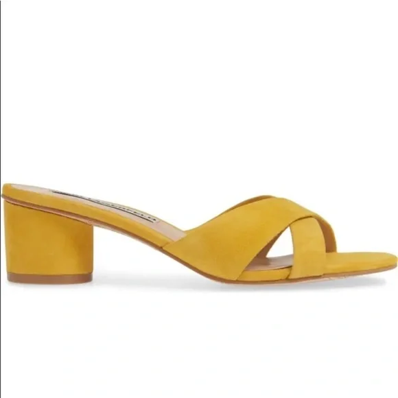 Karl Lagerfeld Fawn Yellow Leather Suede Open Toe Slide Block Heel Sandal Size 6 - Picture 4 of 15